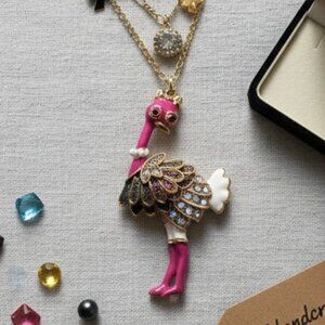 Betsey Johnson Double Chain Necklace Ostrich Pendant Bow Charm Gemstone
